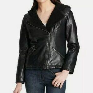 Levi's® Asymmetrical Faux Leather Sherpa Lined Hooded Moto Jacket